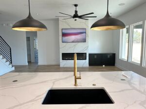 Frame TV installed on marble wall